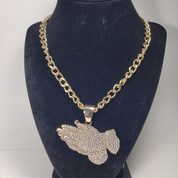 Gold-Tone Chunky Chain Necklace w/ Praying Hands Pendant  Unisex Fashion Jewelry - Picture 6 of 8